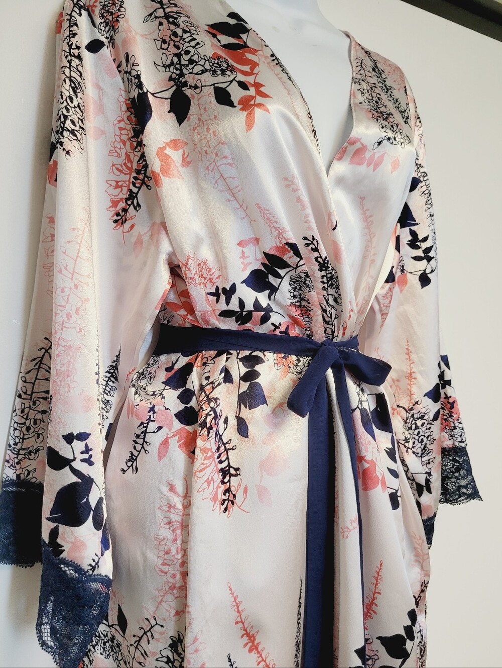 Oscar de la Renta Pink Label Floral Satin Kimono Robe Navy Intimate Sleepwear XL - Picture 7 of 10